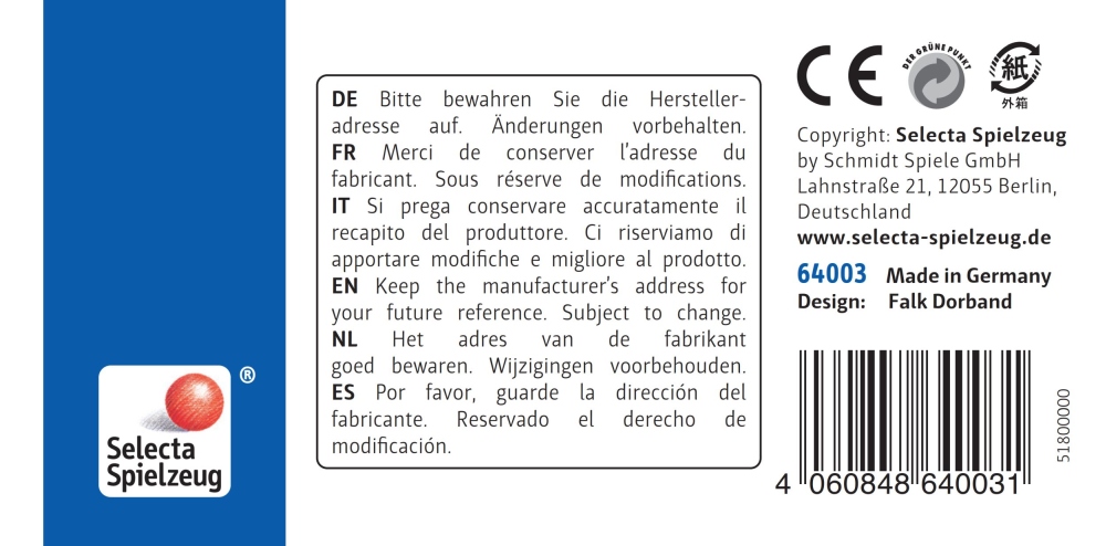 64003_wolkenroller-grijs-houten-speelgoed-p-bottom Productetiket voor ‘Rollende houten rammelaar met klokje’, met meertalige informatie, streepjescode en het Selecta Spielzeug-logo.