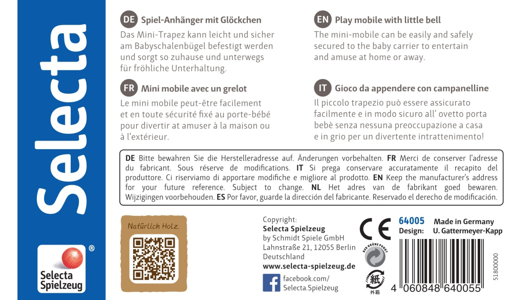 64005_wolkenpret-houten-speelgoed-p-bottom Productverpakking voor de Selecta-speelgoedhanger met houten wolkjes en een belletje, informatie in vier talen en contactgegevens.