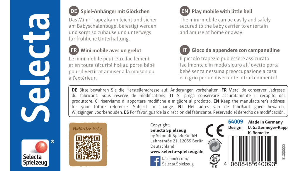 64009_sterretjespret-houten-speelgoed-p-bottom Productetiket voor een speelgoedhanger met houten sterren en een belletje, met informatie in het Duits, Frans, Engels en Italiaans.