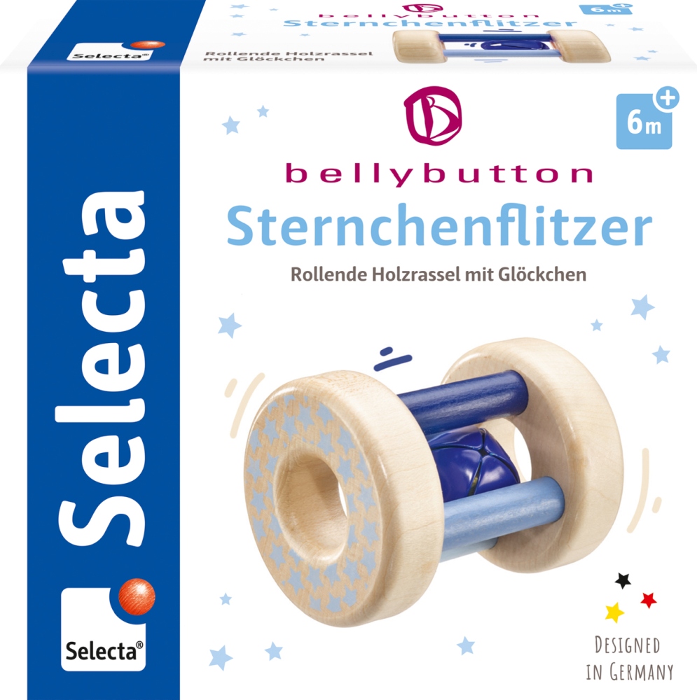 Rollende houten rammelaar met belletje, houten babyrammelaar met blauwe accenten voor kinderen vanaf 6 maanden, verpakking: Sternchenflitzer.