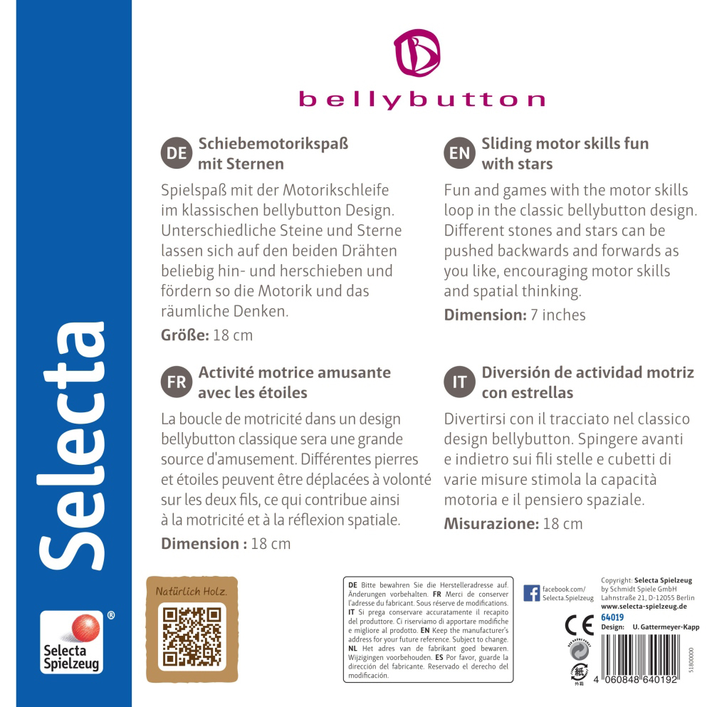 64019_sterrenspiraal-houten-speelgoed-p-bottom Speelgoedverpakking voor een Sterrenspiraal-motoriekring met sterren; tekst in 4 talen; inclusief Selecta-logo.