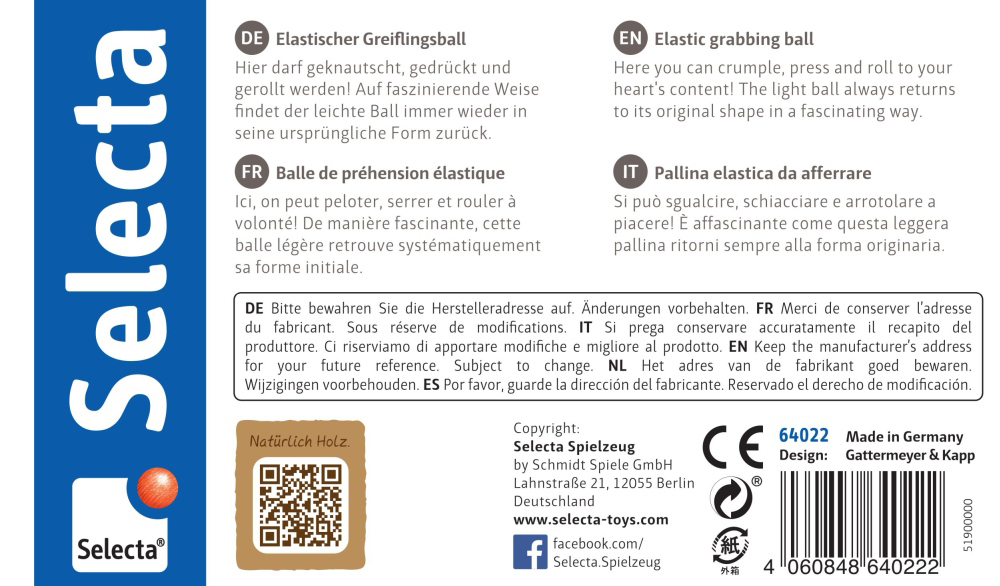 64022_sterrendans-blauw-houten-speelgoed-p-bottom Productetiket voor de Selecta Sterrendans blauwe speelbal in meerdere talen, inclusief gebruiksaanwijzing en waarschuwingen.