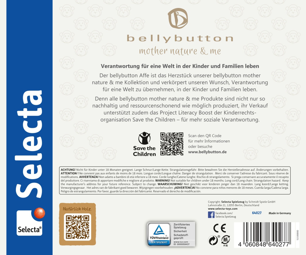 Verpakking van ‘Bellybutton mother nature & me’ met het Vrolijk aapje-logo, een QR-code en een Save the Children-badge.