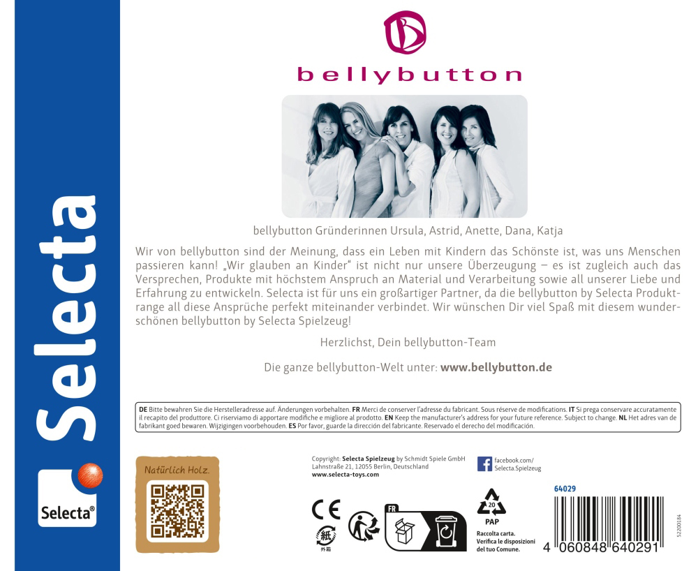 64029_sterrenspel-houten-speelgoed-p-bottom Selecta-productetiket met het navelloogo, de namen van de oprichters en informatie over Sterrenspel in het Duits.
